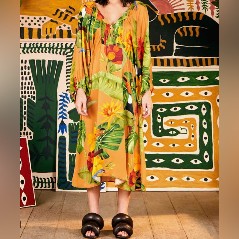 Farm Rio Tropical Desire Print Midi Dress Sz. L Orange Tan  Green Red  $235
